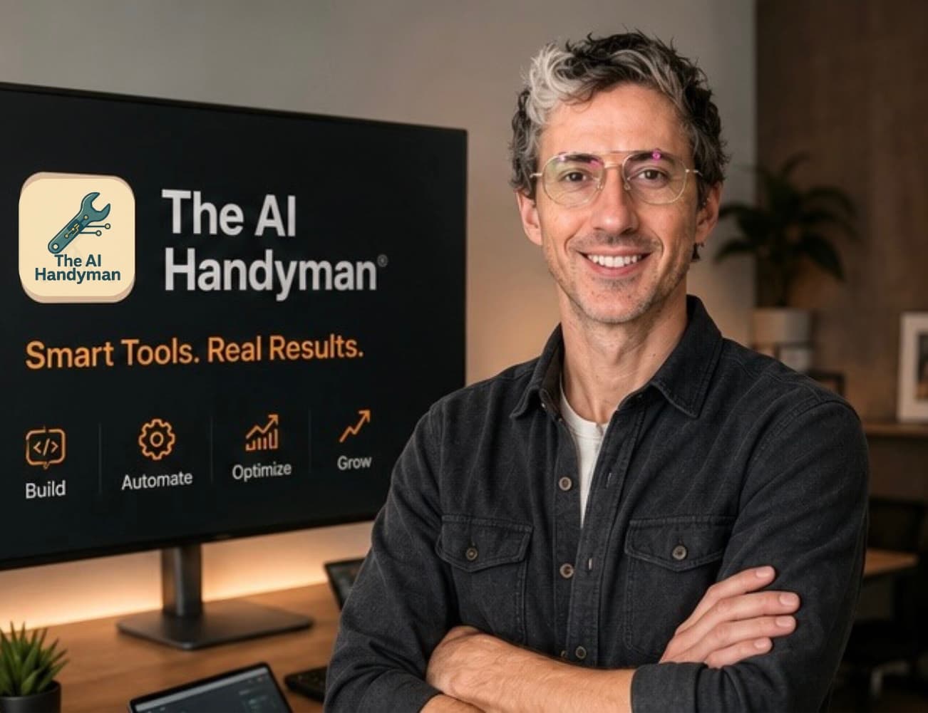 Tim, the AI Handyman, in his office in front of a screen reading Smart Tools. Real Results.